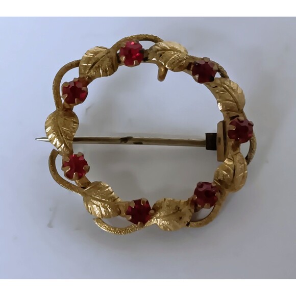 Antique Victorian Goldtone Orange Rhinestone Leaf Wreath Brooch Pendant 1 in - Picture 1 of 10
